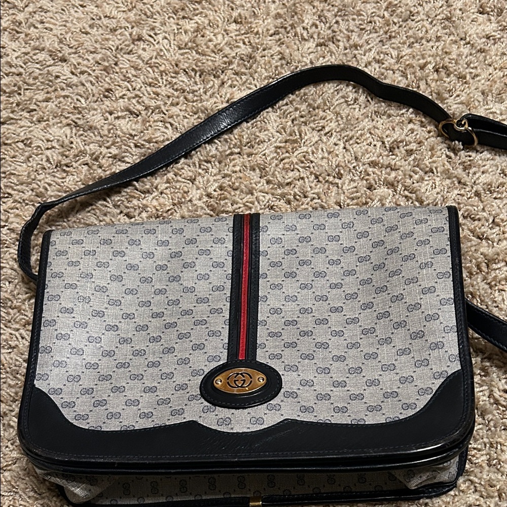 Gucci Beige Monogram Messenger Bag with Black Trim and Red Stripe